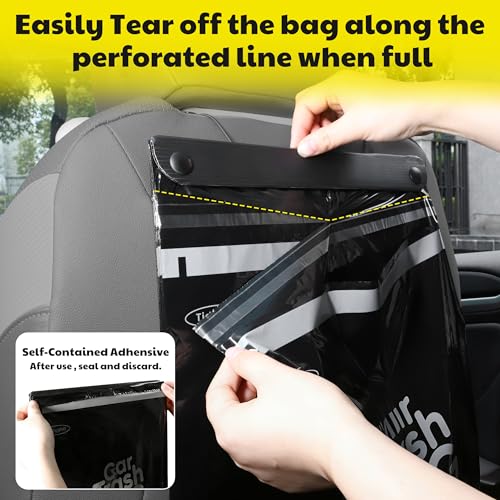Image of 50 Bags Hanging Car Trash Bags Disposable, 2 Gallon Car Garbage Bags. Black | Leak-proof, Odor Seal. Alternative to Car Trash Can, Easy Stick-On Car Garbage Can for Car, SUV, Truck, Vehicle, Stroller.