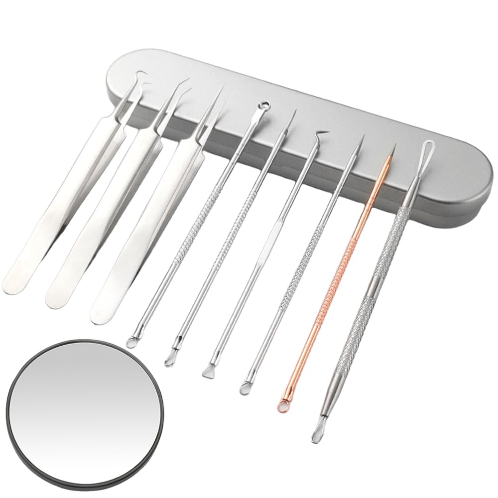 Kit di strumenti per l'estrazione di punti neri di grado medico, pinzette professionali in acciaio inox per rimuovere acne e punti neri, strumenti di estrazione per estetisti (9 pezzi (con lente