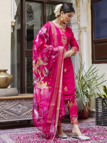 Image of VredeVogel Kurta Set with Dupatta | Viscose Roman Silk Embroidered Kurta Set for Women | Women's Ethnic Casual Kurti Set |Kurta Pant Festive Suit