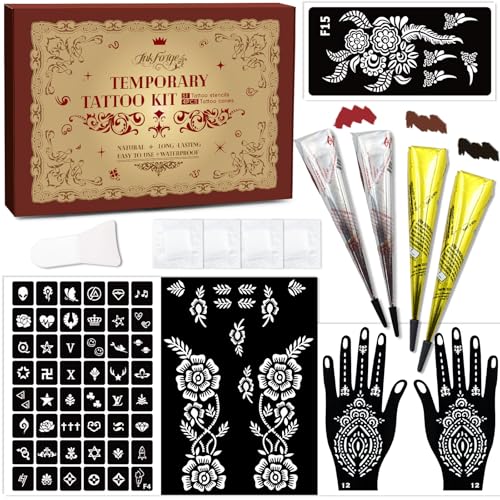 Temporary Stencils Tattoos Kit, 4 Pcs Tattoo Cones 3 Color (1 Black 1 Maroon 2 Cherry Red) with Gloves Brush Tool,DIY Body Art Skin Painting Designs for Women Men Kids Party Gifts