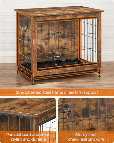 Feandrea Hundekäfig Möbel Beistelltisch Moderne Hundehütte für Hunde Indoor bis 13.6 kg Schwerlast Hundekäfig mit Mehrzweck Abnehmbarem Tablett Doppeltür Hundehaus Rustikales Braun UPFC001X01