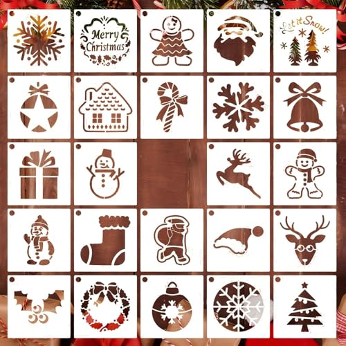 24Pcs Christmas Stencils Templates 8CM Reusable Drawing Painting Stencil for Painting Wall Stencils for Kids on Wood Rocks Notebook DIY Scrapbooking Crafts