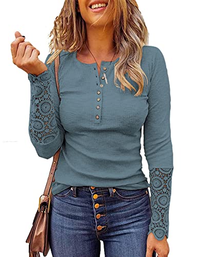 Image of Kancystore Women's Fall Long Sleeve Tops Lace V Neck Button Down Henley Shirts Tunic Blouses