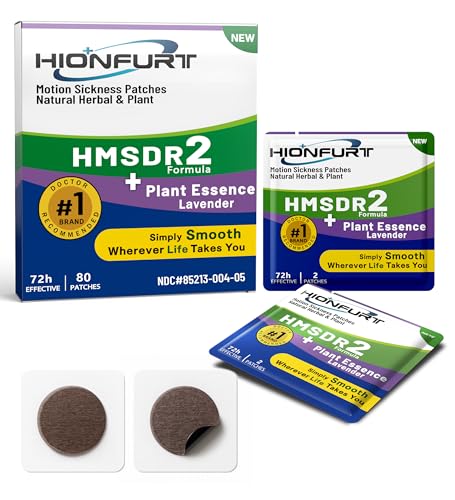 Hionfurt HMSDR2 80ct Motion Sickness Patches with Plant Essence – Lavender – Sea Sickness Patches for Cruise, Car, Airplane – Non-Drowsy, 72H Lasting