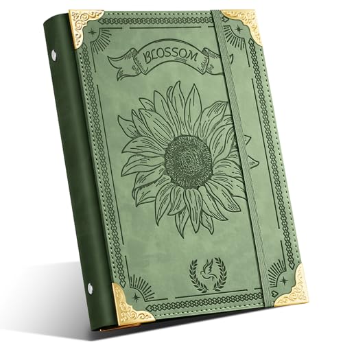 Ovesmusl Sunflower PU Leather A5 Binder 6 Ring Refillable Journal Cover No Inserts A5 Planner Binder Loose Leaf Binder for Notebook 5.7x8.3 with Elastic Closure Green