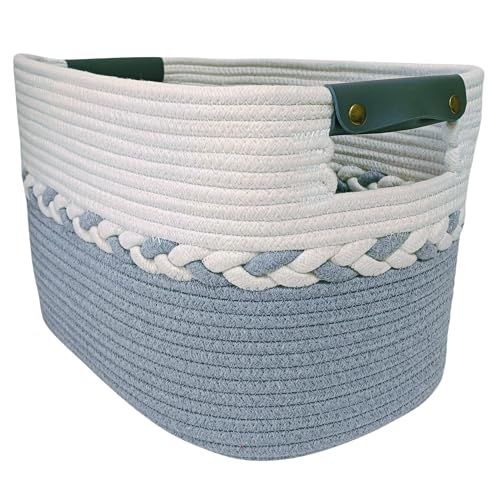 Aeknor Storage Basket for Shelves, Woven Basket for Towels, Toys and Blankets. Decorative Cotton Rope Organiser for Cupboard Storage, Books and Laundry with matching handles, 1-Pack (Grey).