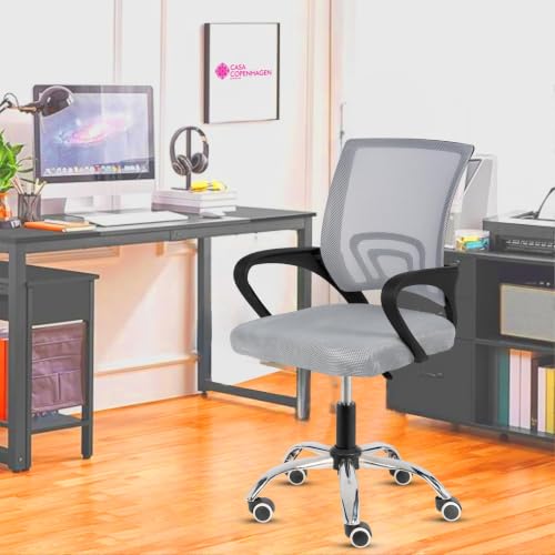 Image of Casa Copenhagen Mesh Mid Back Office /Study /Computer /Revolving /Desk Chair for Work from Home -Metal Base, Height Adjustable Seat - Grey & Jet Black Handle