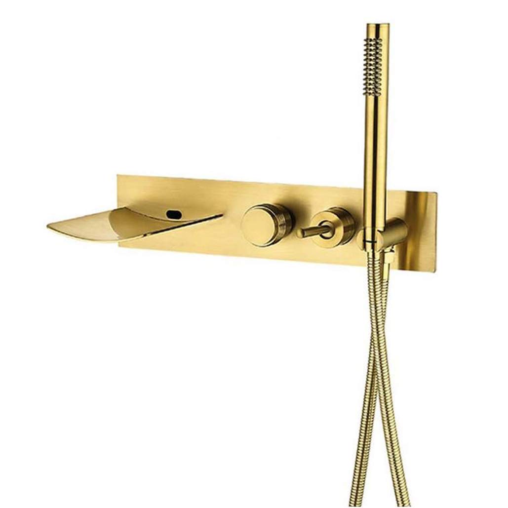 OZBMA Shower Set Tub Taps, Brass Black Waterfall Faucet Wall Mount Bathtub Filler with Hand Tap, Set,Matte (size_name Brushed Gold)