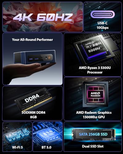 Image of BOSGAME E5 11 Pro Mini PC, AMD Ryzen 5300U 4C / 8T, 8GB DDR4 256GB M.2 2280 SSD, 2.5 GbE Dual Lan Desktop Computers, Triple Displays 4K 60Hz, Wi-Fi 5, BT 5.0, Business Home Office PC, Support Linux SSH