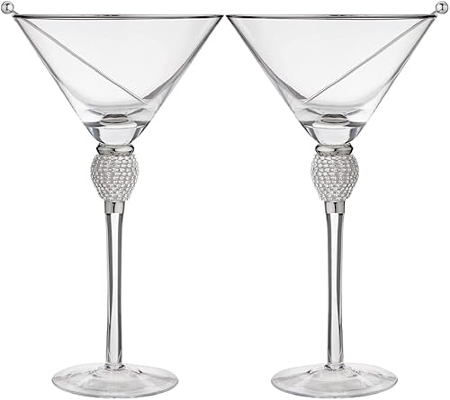 Sister.ly Drinkware, juego de 2 vasos de Martini con diamantes de imitación con borde plateado, vasos de cóctel de 10 onzas y púas de cóctel