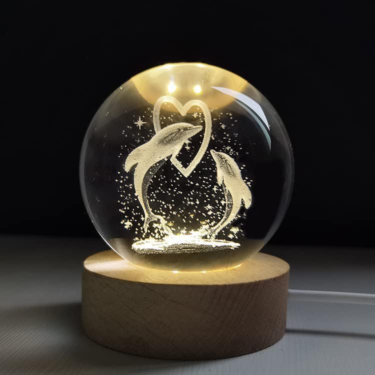 Image of 3D Crystal Ball LED Night Lamp with Wooden Base | Warm Light Bedside Table Lamp for Bedroom, Living Room, Kids Room, Study, Home Decoration & Gifting (Dolphine Heart)