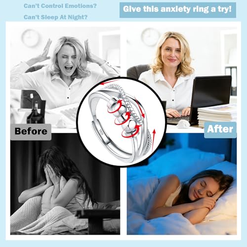 Silver Anxiety Ring, 925 Sterling Silver Fidget Rings for Anxiety Women, Stress Spinner Rings with Beads, Zirconia Thumb Ring for Anxiety Relieving, Adjustable Stressring with Jewellery Box - Image 3