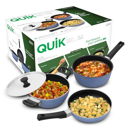 Image of Hawkins Quik Nonstick Induction 4 Piece Cookware Set of Deep Kadhai, Frying Pan, Saucepan and Stainless Steel Lid | Kitchen Gift Pack | Grey (IQGP1)