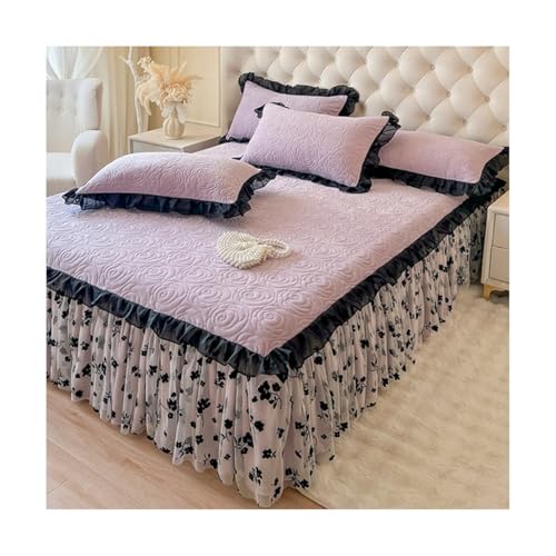 TRQQWEQQ Falda de cama plisada elástica de tul de piel de leche, 3 piezas, funda protectora de colchón envolvente de 45 cm de profundidad, 1 sábana y 2 fundas de almohada (morado, King XL-180 x 220)