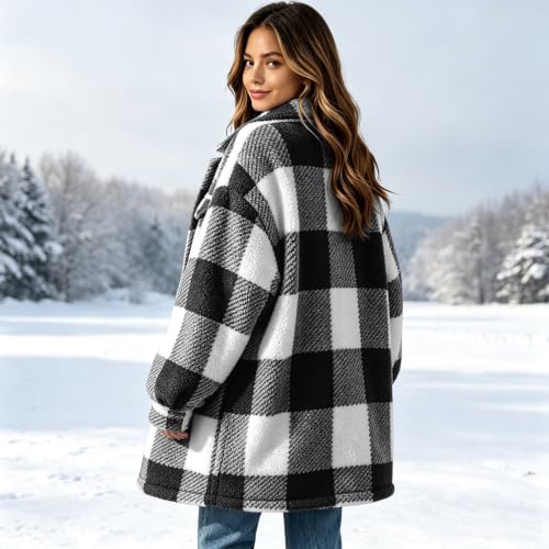 FPMLUXLL Womens Plaid Sherpa Fleece Jacket Winter Button Down Fuzzy Shacket - image 5