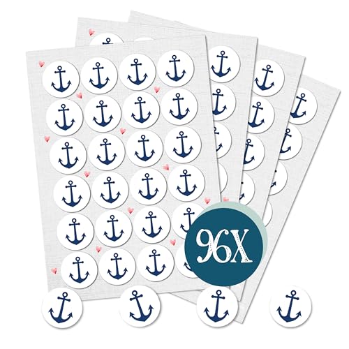 Aufkleber Anker, 96er Set: Maritime Sticker, Deko Sommer, Meer & Strand, Aufkleber Maritim, Dekoration für Karten, Geschenke & Party, Dekosticker Klein, Maritimdeko, Schiffsanker, Weiß/Blau, Ø 4 cm