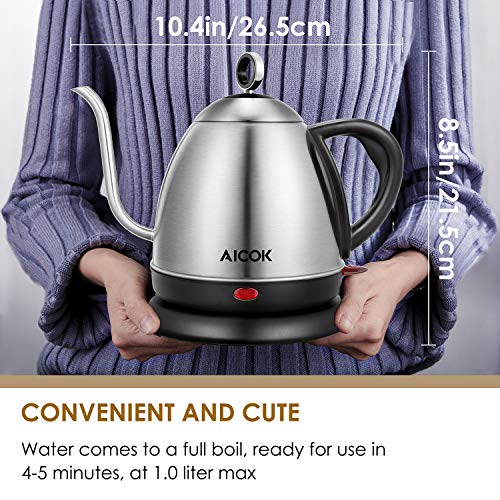 Electric Kettle, AICOK Electric Gooseneck Kettle, Pour Over Kettle for Coffee or Tea, 1L Fast Heating Stainless Steel Water Kettle with Boil Dry Protection & Automatic Shutoff, 1000W - Thumbnail 7