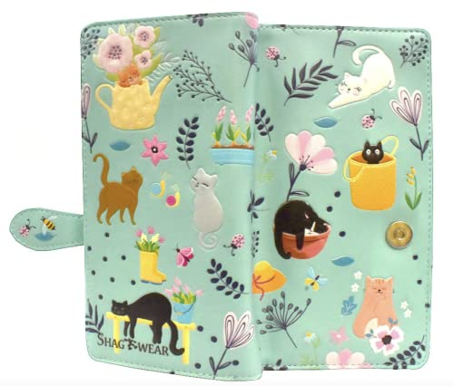 Shag Wear Cats in the Garden Large Spring Summer Animal Wallet for Women and Teen Girl Vegan Faux Leather Light Teal 7"3
