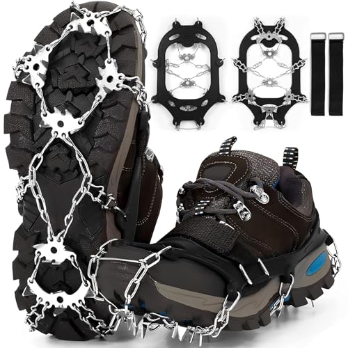PQETBV Crampones, 24 Dientes Tacos de Hielo Tracción Antideslizante Empuñaduras de Nieve para Botas Zapatos para Caminar, Senderismo, Escalada, Pesca y Montañismo(L)