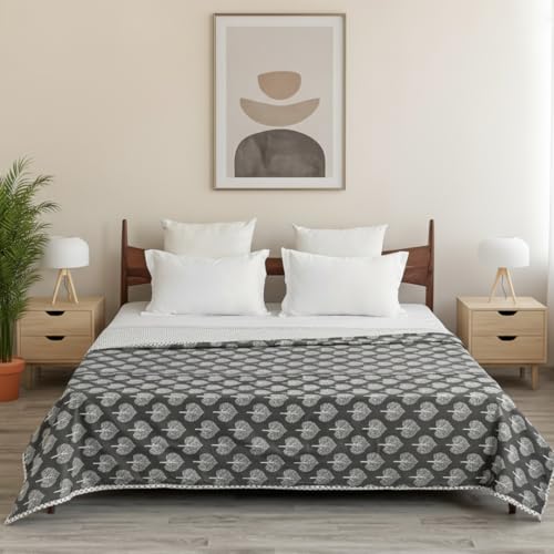 Image of HOMEMONDE 100% Cotton Reversible Dohar Double Bed Size | 300 TC AC Blanket Comforter | Soft Lightweight Bed Blanket Quilt | Premium Gift Box Included (84 x 94 Inch, Dark Grey & White, Pack of 1)