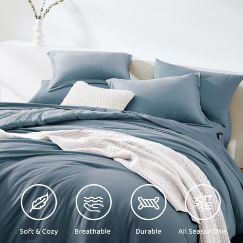 Image of Queen Comforter Set-7 Pieces Soft Prewashed Bed in a Bag Queen Bedding Sets | All Season Comforter with Sheets, Pillow Shams & Pillowcases,Oxford Blue