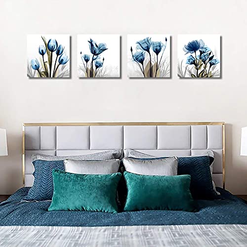 Flower Canvas Prints Wall Art Decor 4 Panels Blue Elegant Tulip Artwork Simple Life Picture For Living Room Bedroom Home Salon Spa Wall Decoration 12" X 12" 4 Pieces #TOP4