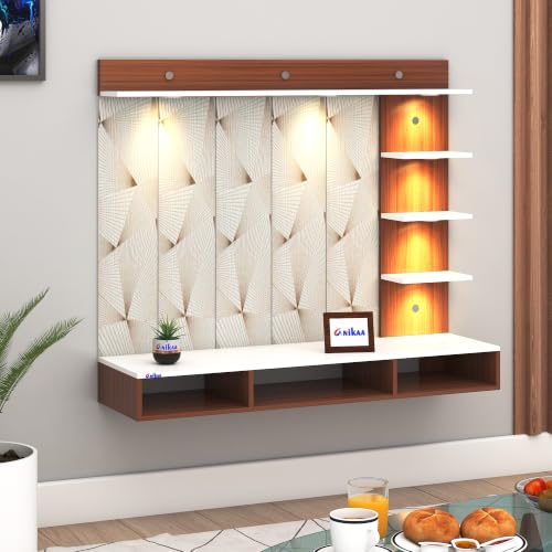 Image of Anikaa Tyron Engineered Wood Wall-Mount TV Unit with PVC Back Panel & LED Lights | TV Cabinet with Storage Box & Decorative Shelves (Walnut /White) | Ideal for TVs up to 43 Inch | DIY Installation