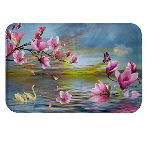A.Monamour Magnolia Fleur Papillon Cygne Reflet dans Eau De Lac Zen Nature Paysages Doux Absorbant Flanelle Tapis De Bain Tapis De Douche Antidérapants Tapis De Sol Tapis De Passage Runner 40x120cm