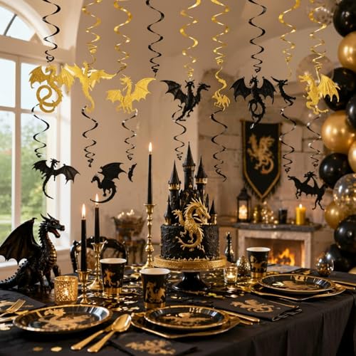 Image of Sumind 30 Pcs Dragon Hanging Swirls Party Decorations, Black and Gold Dragon Ceiling Hanging Decor for Medieval Fantasy Themed Birthday Party Supplies, 10 Designs
