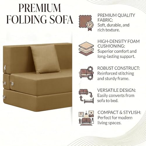 Image of Rosebell One Seater Foldable Sofa Cum Bed (3x6 Feet) Jute Fabric, Washable Removable Cover, | Space Saving Convertible Sofa Bed for Home, Office & Guests - Golden