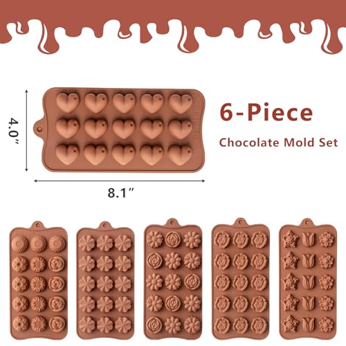 6 Pack Flower Shape Chocolate Candy Molds Silicone, Food-Grade Non-Stick Jello Mold, Crayon Mold, Silicone Baking Mold, BPA Free, including Flower, Heart, Tulip, Rose