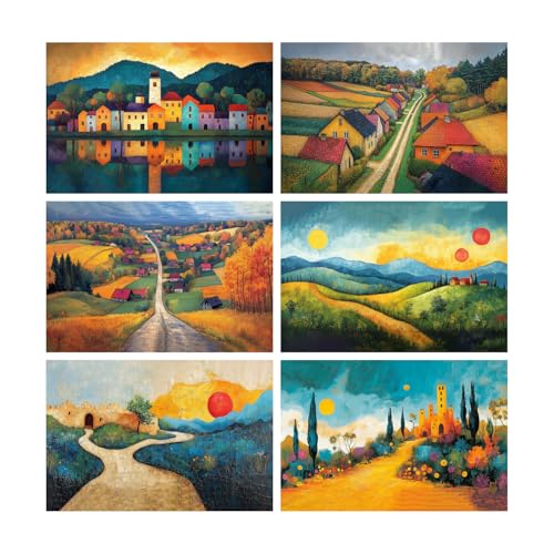 Image of SiddArtify Landscape Wall Art Poster Print Set - Colorful Village & Countryside Decor for Living Room Office - 12x18 inch Sticker Pack of 6