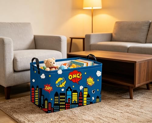 Image of Sanjiaofeng Rectangular Blue City Hero Skyline Basket,Baby Storage Bins with Handles,Comics Hero Kid Basket,Building Silhouettes Storage Bin,Room Decor(Building)