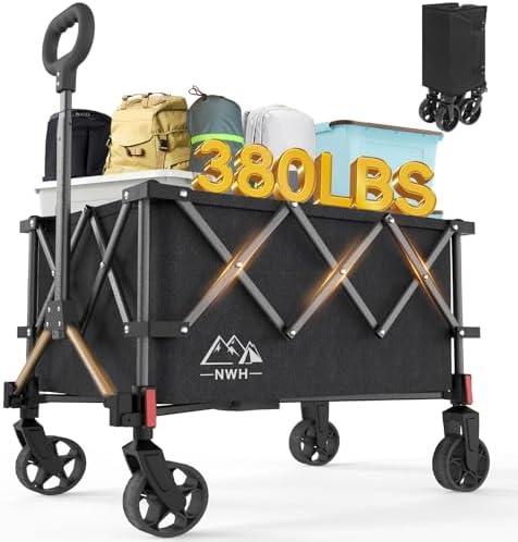 NWH Collapsible Wagon, 380lbs Heavy Duty Folding Wagons Carts with Wheels Foldable, Utility Cart with All-Terrain Wheels for Beach Outdoor Grocery Camping Garden