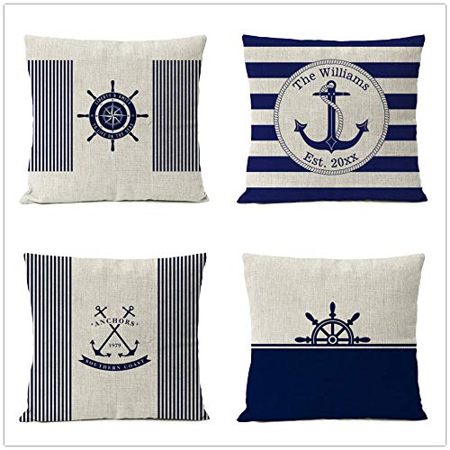 ZYFSKR Kopfkissenbezug Baumwolle Und Leinen Zierkissenbezüge Square Dekokissen Nautischer Kissenbezug Für Autos Couch Wohnkultur Deko 4 Stück 50X50Cm Cover