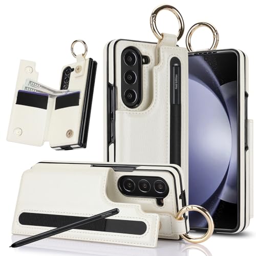 for Samsung Galaxy Z Fold 5 Wallet Case with S-Pen Holder and Credit Card Holder, Cash Slot, Premium Leather Magnetic Clasp Kickstand Heavy Duty Ring Protective Cover.(White) White PenSlot
