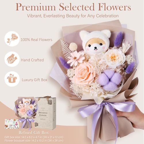 Forever Flowers Bouquet with Cute Doll - Preserved Flowers for Delivery, Real Eternal Roses Bouquet, Anniversary Birthday Valentine Gifts for Women Men Mom Grandma Her Wife Girlfriend