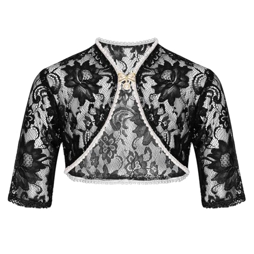 JEATHA Kids Girls 3/4 Sleeve Bolero Cardigan Shrug Floral Lace Open Front Sheer Mesh Cropped Outerwear Tops2