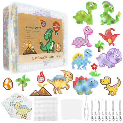 Homgaty 5000 Bügelperlen Dinosaurier Set, Steckperlen 5 mm Perlen mit Steckplatte, 18 Muster, Bügelpapier, Anhänger und Zubehör zum Basteln Handwerk für Kinder Geschenk (Dinosaurier, 5mm)