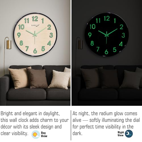 Image of RANDOM Modern 12.75INCH Wall Clock with 3D Radium Numbers, Silent Non-Ticking, Premium Black Frame, Metallic Face, Ultra Clear Glass for Living Room, Home Office