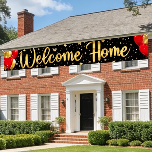 Image of Nuxovilar Welcome Home Banner 118.1x19.6 Inches Polyester | Homecoming Decor Welcome Backdrop gold balloon banner family photo sign hallway patio porch (Gold Red)