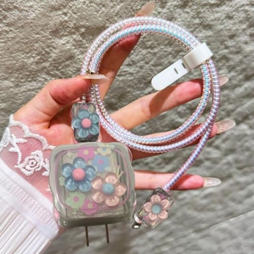Image of Dezet for iPhone Charger 18-20W Cute Cartoon Charging Cable Protector Set for iPhone Fast Charging USB Cable with Protective Silicone Cover & Organizer Clip Stylish Design (3D-MULTI-FLOWER)