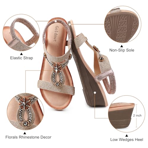 Image of Wedge Sandals for Women Dressy, Woman's Sandal Comfortable Low Wedges Heels Ankle Elastic Strap Sandles with Flower Rhinestones