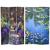 Red Lantern Double Sided Works of Monet Canvas Folding Screen - Lilies/Garden at Giverny, 6 ft. Tall