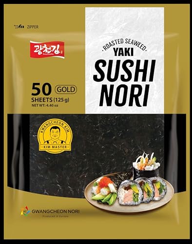 Yaki Sushi Nori Gold – Hojas de gasas asadas premium | 100% natural, crujiente, verde oscuro Nori | Calidad coreana por Gwangcheon Nori – 50 hojas – 125g