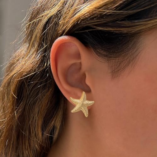Starfish Shell Stud Earrings for Women,Gold Silver Shell Trendy Drop Dangle Earrings Chunky Gold Statement Earrings Boho Ocean Shell Pearl Earrings Summer Beach Jewelry2