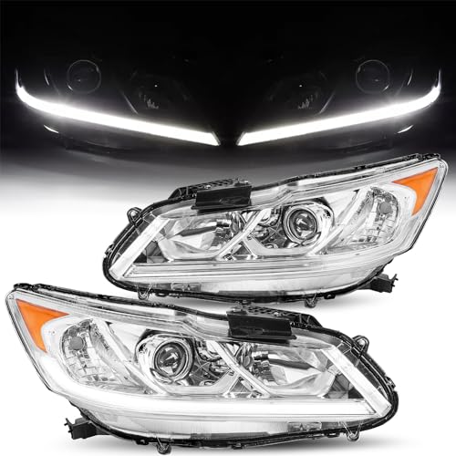 JSBOYAT LED DRL Headlight Assembly Set for 2016 2017 Honda Accord Sedan 4 Door OEM Projector Headlamp Chrome Housing with Amber Reflector (Driver & Passenger Side)