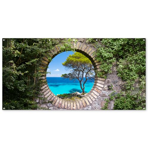 MuchoWow© Deco Jardin Exterieur 200x100 cm Décorative Poster Affiche Murale Decoration Balcon Décoration Extérieure Terrasse Déco Appartement Mer - Arbre...