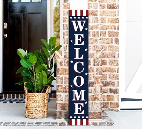 Patriotic 4th of July Wooden Porch Sign 47" Independence Day American Stars Stripes Large Wooden Welcome Sign for Memorial Day Sign Home Front Door Yard Party Decor