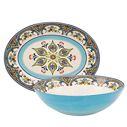 Euro 2-Piece Serving Set Platter and Bowl Multi Color Floral Ceramic 2 Piece Dishwasher Safe Microwave